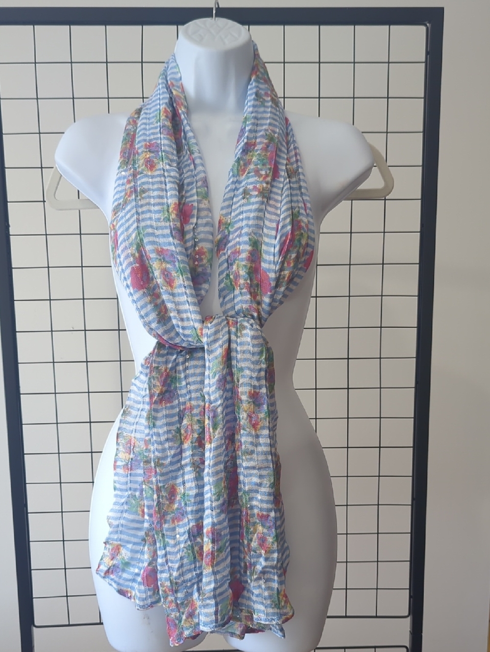 Charlies Light Blue Striped Floral Wrap Scarf